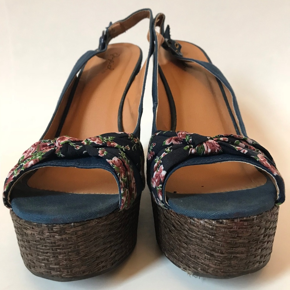 Qupid Blue Canvas Bow Slingback Wedge - Picture 3 of 8
